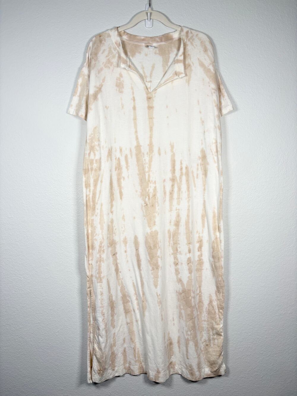 Old Navy Natural Cotton Loose Vintage Beige Tie Dyed Midi T Shirt Shift Dress